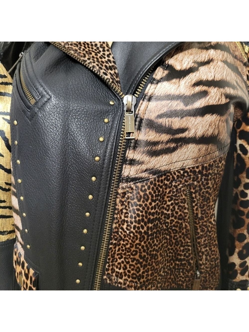 Michael Kors Leather Belt Jacket Chettah Animal Print Fur Studded Biker Jacket - Picture 6 of 16